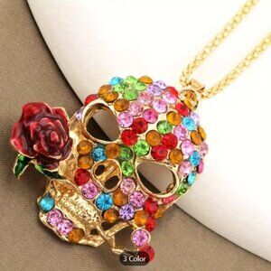 Goldplated Enamel Multicolor Crystal Skull & Rose Pendant Fashion Necklace